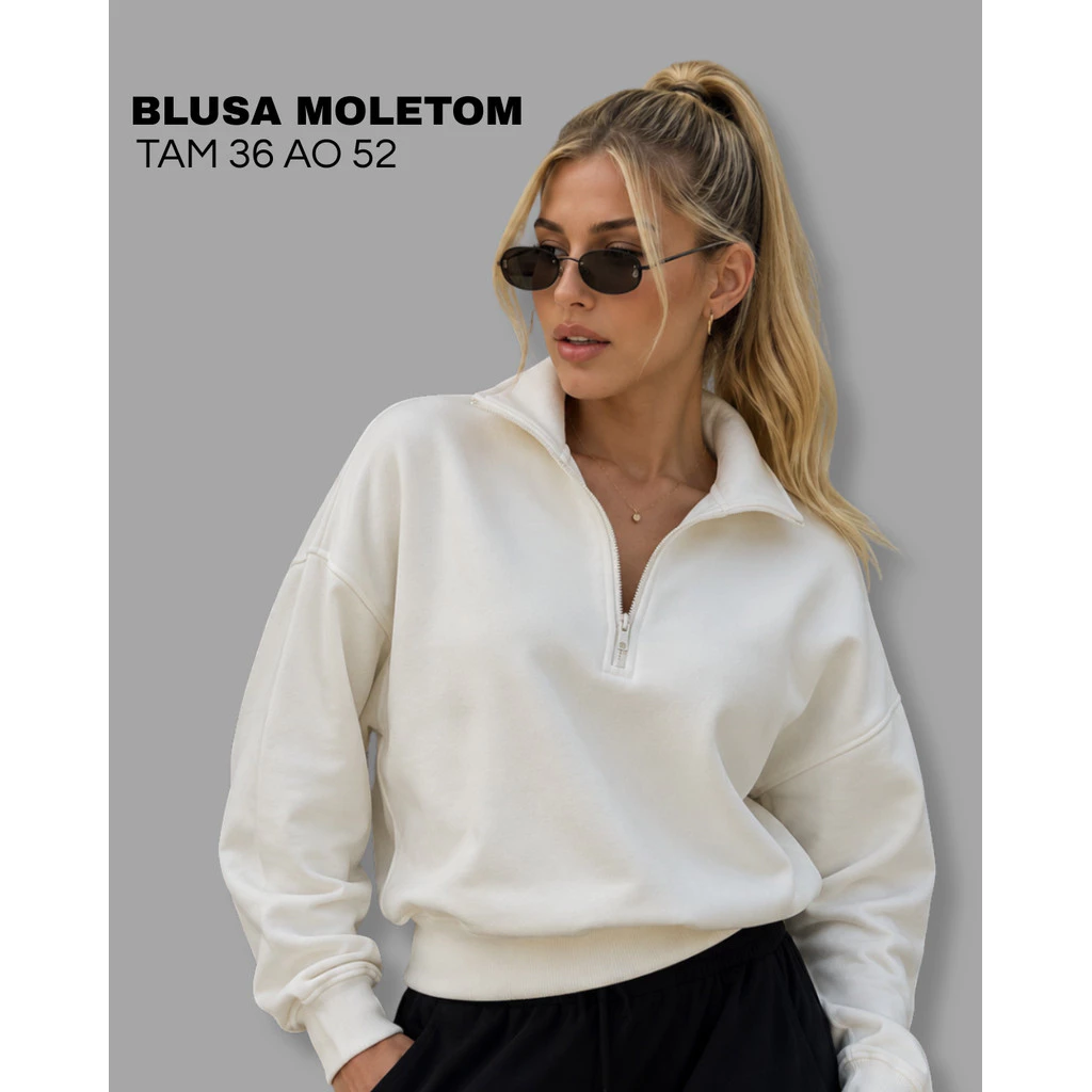 Blusa de Moletom Feminina Gola Alta com Zíper Moletom Oversized Básico Casual Tecido Premium Peluciado 2026