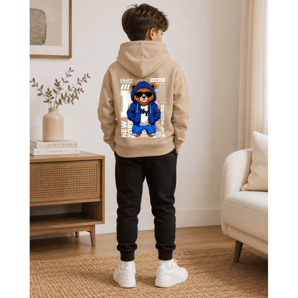 Conjunto Infantil Masculino Estampado Ursinho NY Streetwear Canguru Com Capuz Inverno Confortável Moda Urbana Molekada