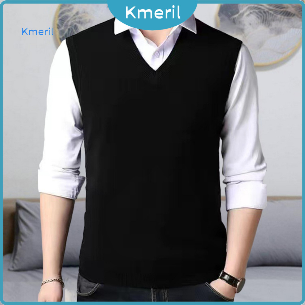 Knitted Vest Men Men’s Slim Fit Sweater Sleeveless Pullover V-neck Waistcoat Solid Color Ribbed Cuffs Casual Tank Top
