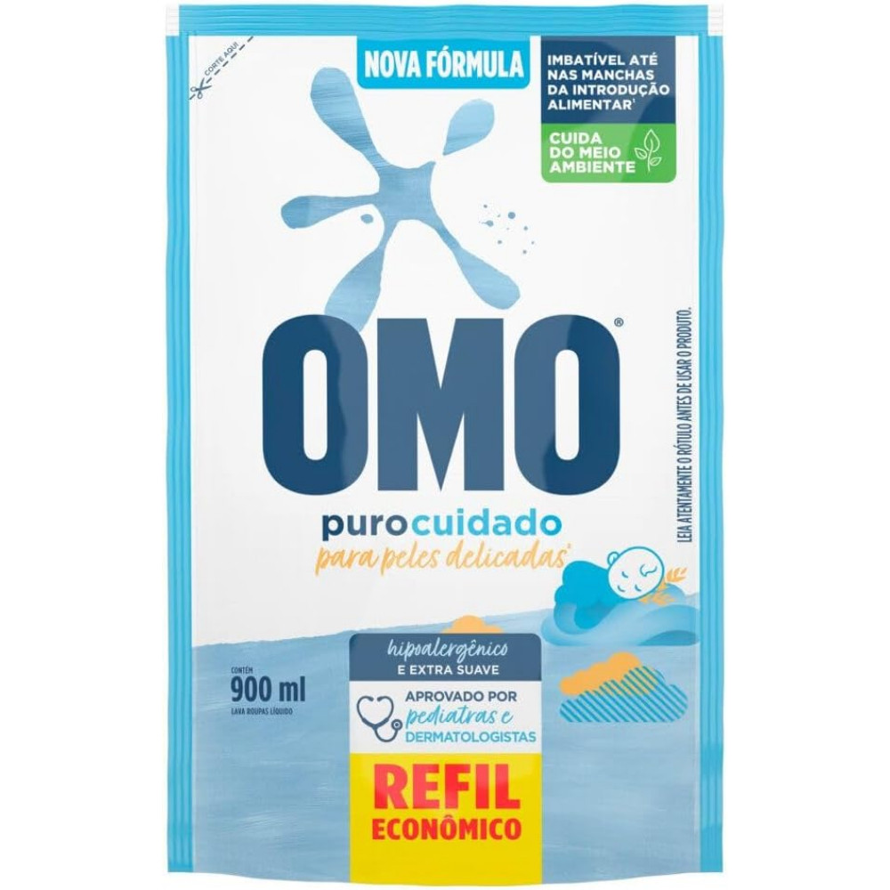Lava Roupas Líquido Omo Puro Cuidado 900ml Hipoalergênico Bebê 1/2/3un Sachê Roupas Finas