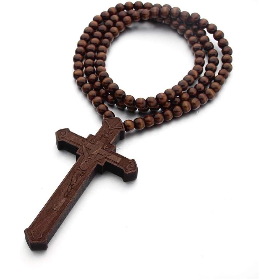 Colar de Cruz de Madeira para Homens, Rosário de Contas, Colar Longo e Grande com Crucifixo de Jesus em Madeira Natural,