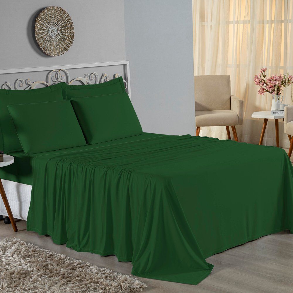 Jogo de Cama Solteiro Nobre 3 Peças Lençol com Elástico de 30cm de Altura Malha 100% Algodão - Verde-Bandeira