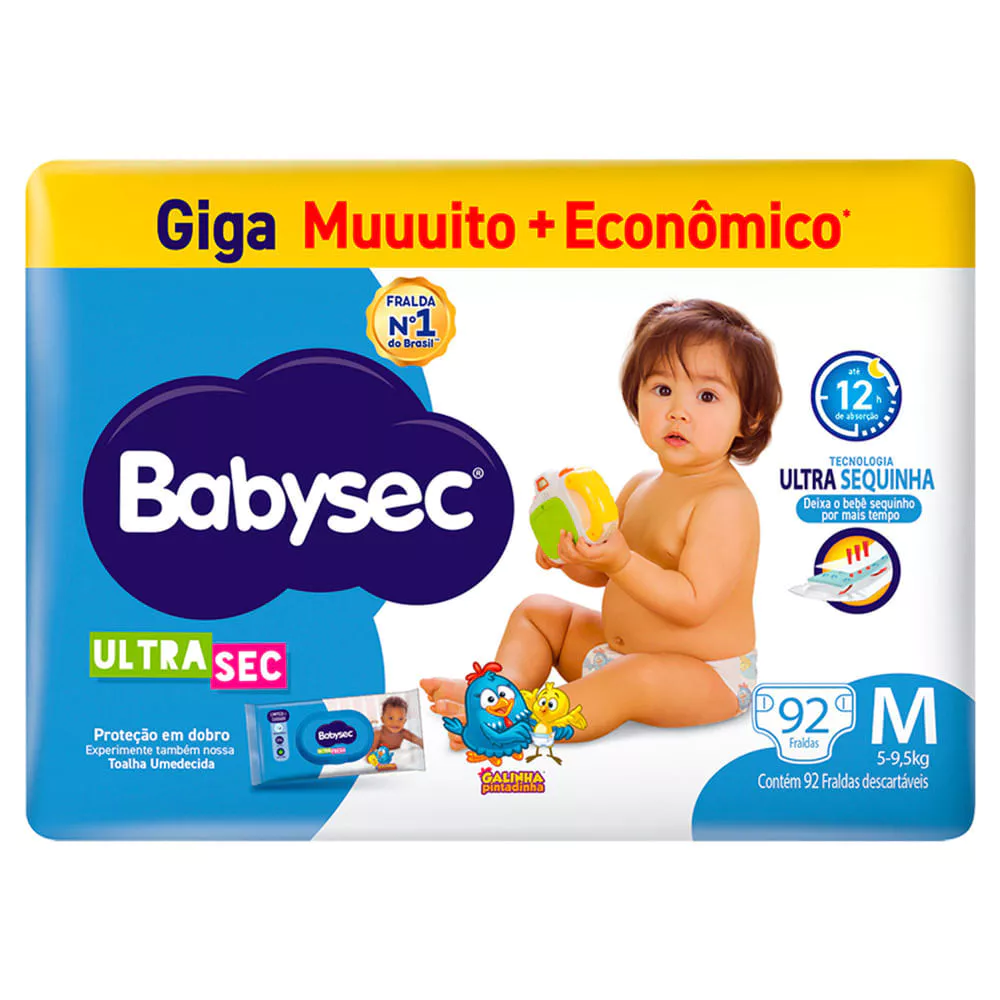Fralda Babysec Ultrasec Giga Tamanho M 92 Unidades Descartáveis