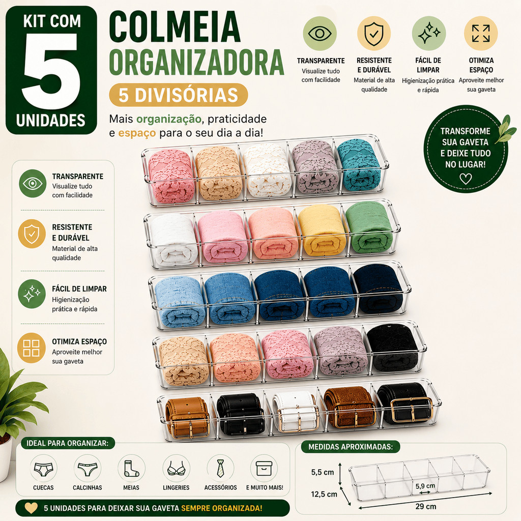 Kit 5 Organizadores de Gaveta Transparente com 5 Divisórias | Colmeia Multiuso para Roupas