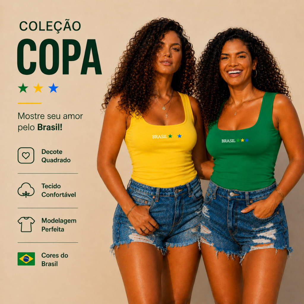 Kit 2 Regatas Femininas Estilo Brasil Copa 2026 Já Estampadas Suplex Premium Macia e Confortável