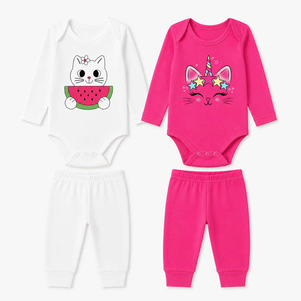 Kit 4 Peças 2 Body Manga Longa 2 Calça Mijão Bebê Menina Conforto e Estilo