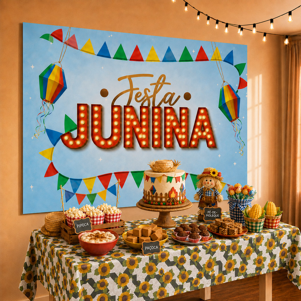 Kit festa junina Painel+Toalha Julina Arraia decoração girassol TNT Agostina