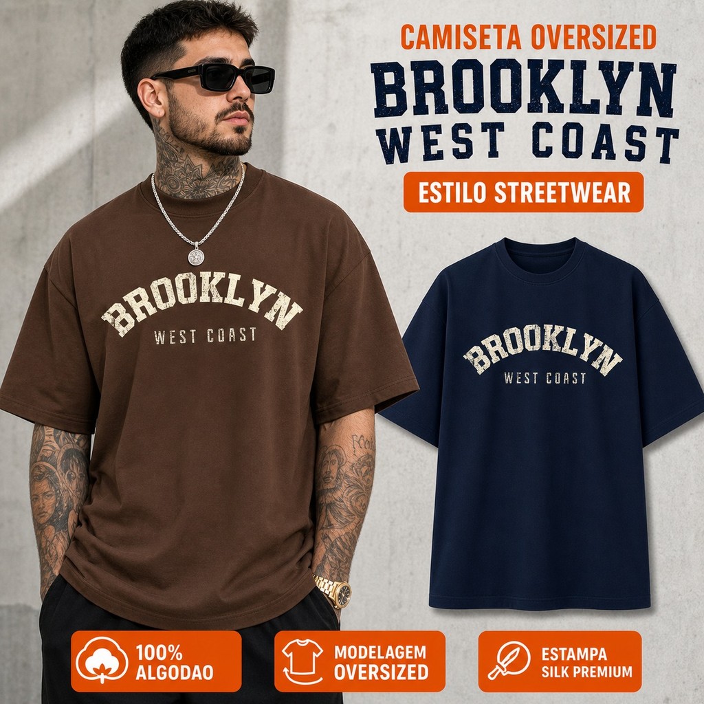Camiseta Masculina Oversized Brooklyn West Coast Streetwear Gola Redonda Manga Curta Estampada Tecido Confortável