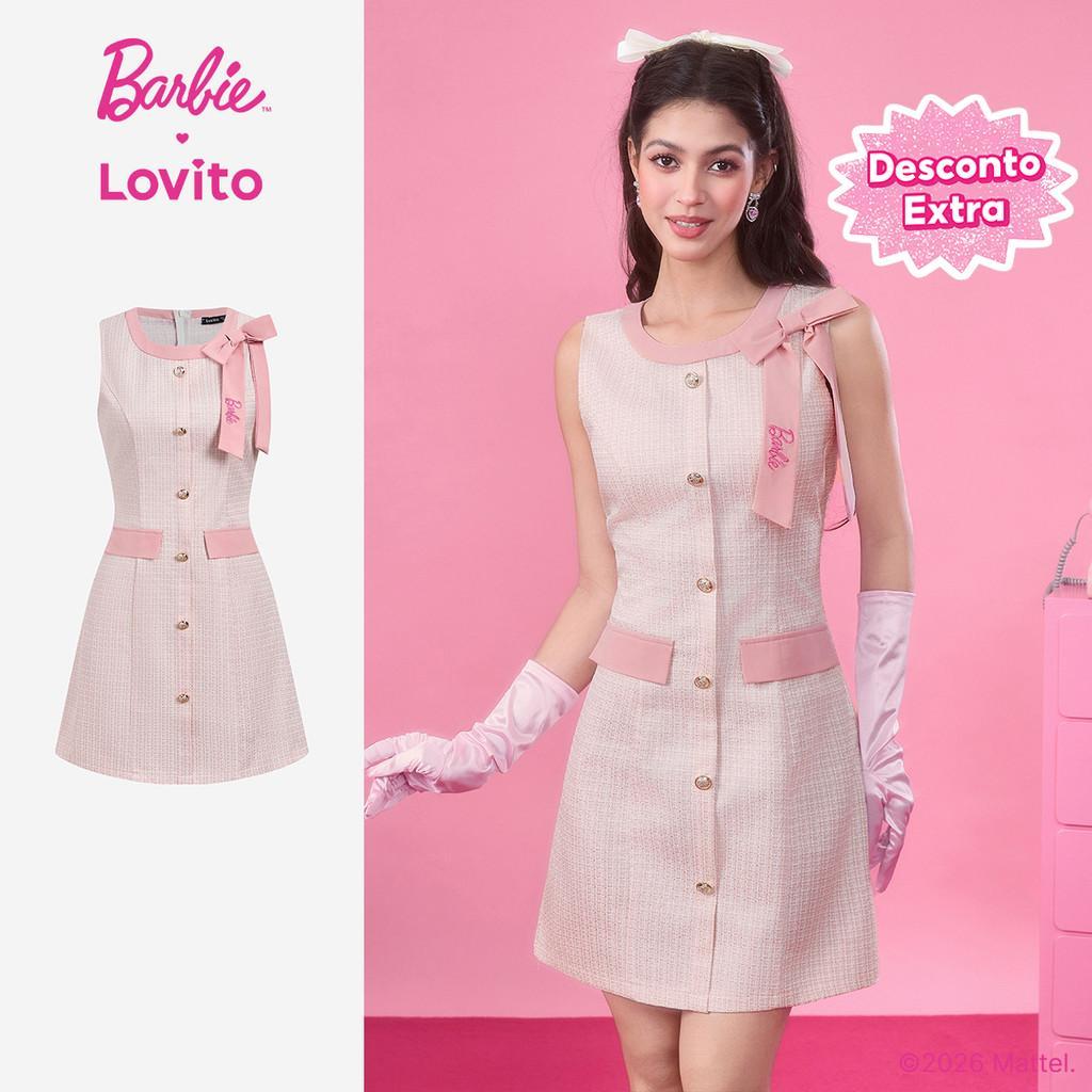 Barbie™ X Lovito Vestido Bordado Elegante Colorblock Rosa Primavera/Verão Feminino LB1AD033
