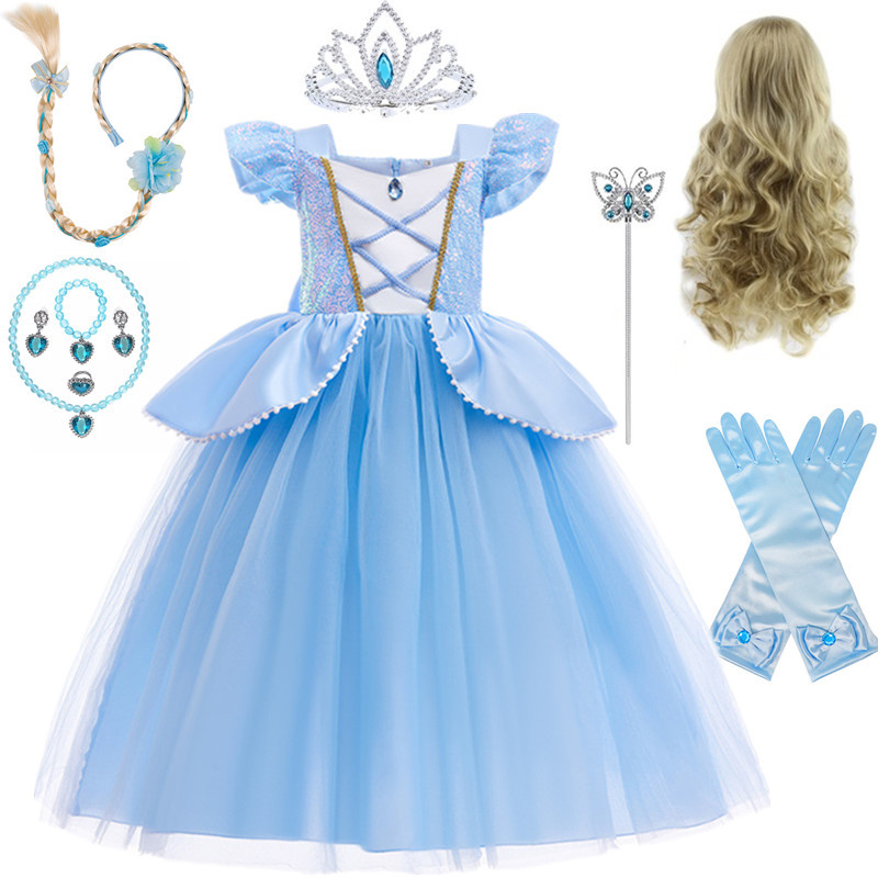 Meninas Cinderela Azul Cinderela Princesa Vestido Dia das Crianças cosplay Elsa Vestido de Aniversário