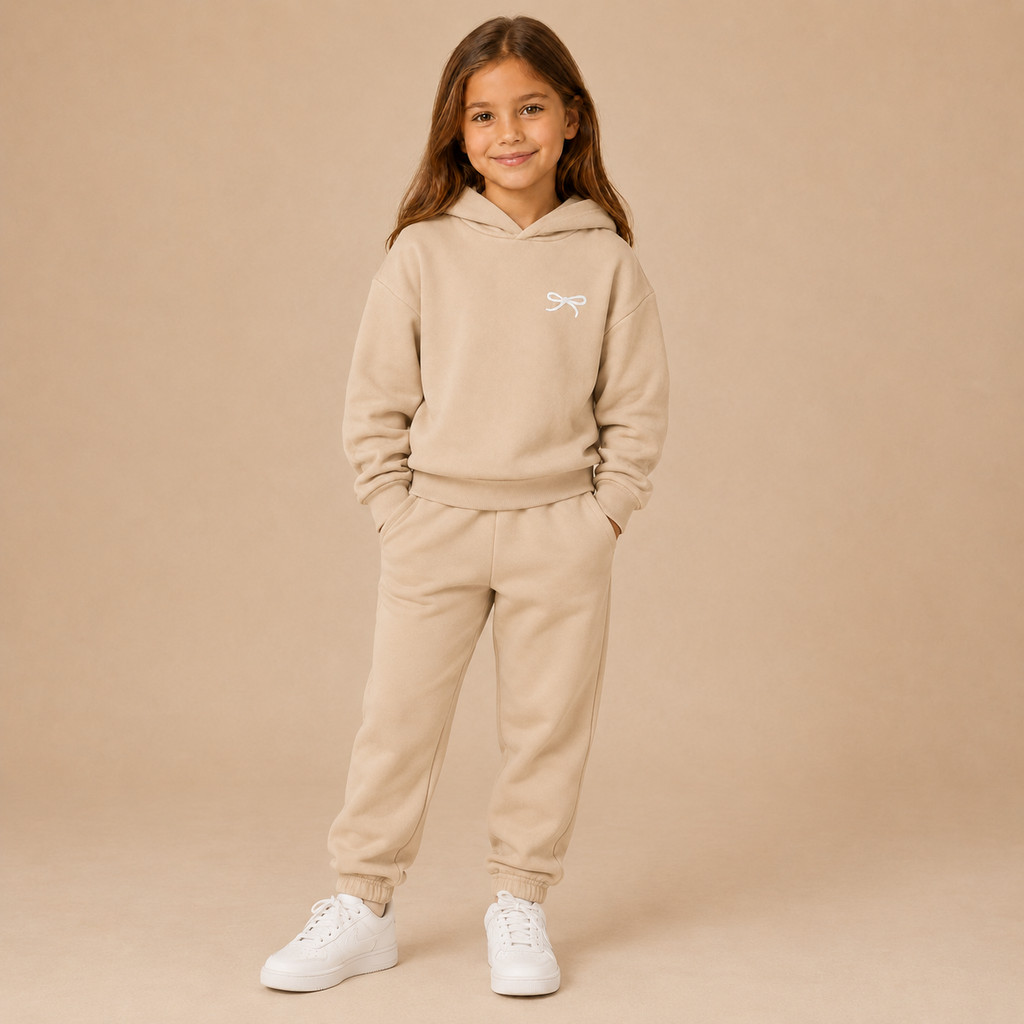 Conjunto Infantil Feminino Moletom Com Capuz e Calça Jogger Laço Estampado Frio Inverno Delicado Minimalista