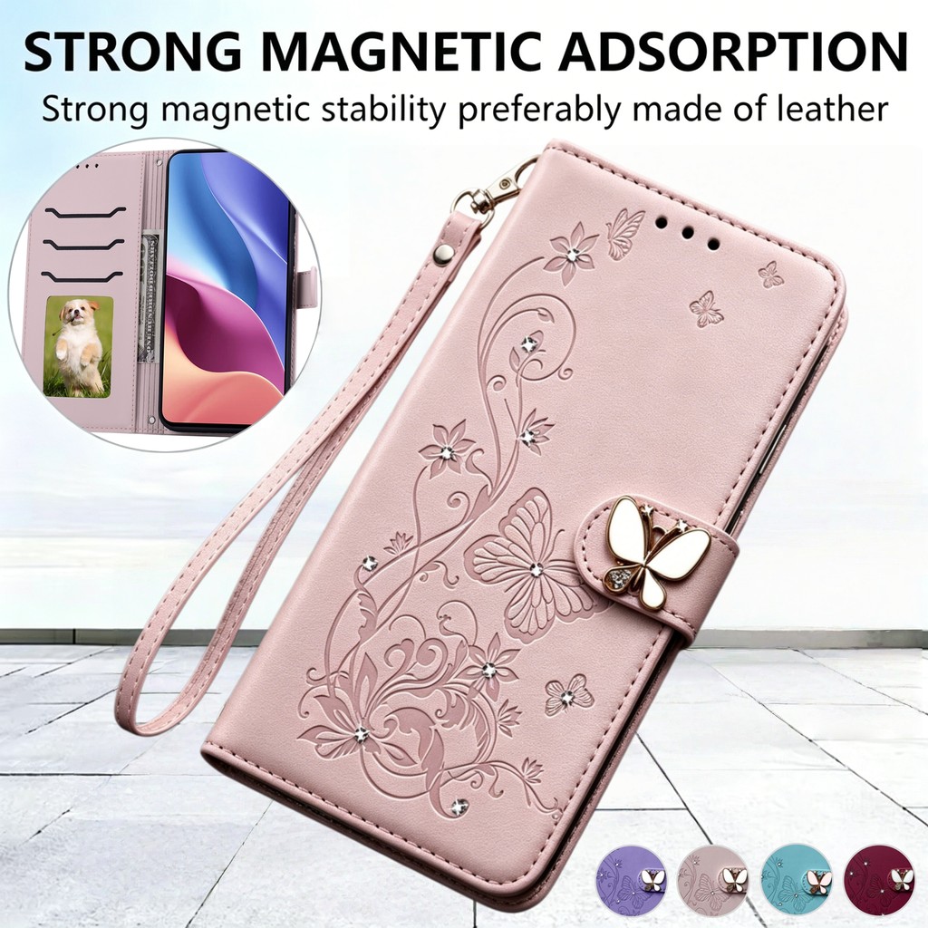Luxo Glitter Borboleta Flor Flip Couro Carteira Caso Para Xiaomi Poco C85 C75 C65 Poco X8 Pro M8 M7 M6 X7 X6 X5 F8 Pro