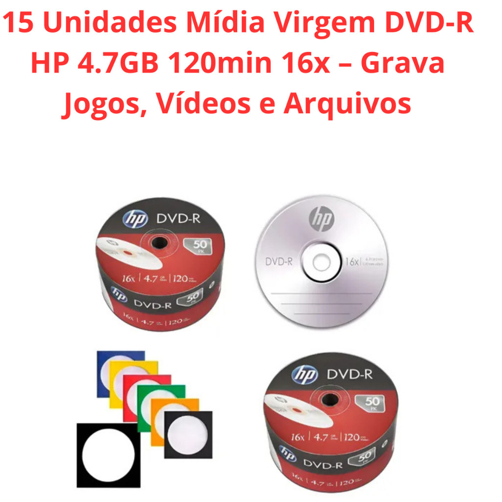 15 Unidades Mídia Virgem DVD-R HP 4.7GB 120min 16x – Grava Jogos, Vídeos e Arquivos