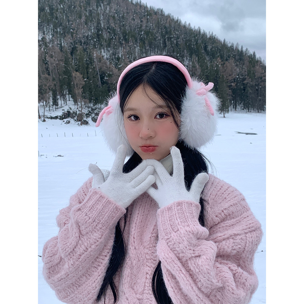 Bonito branco earmuffs feminino inverno imitação de pele de raposa quente earmuffs doce arco earmuffs anticongelante mai