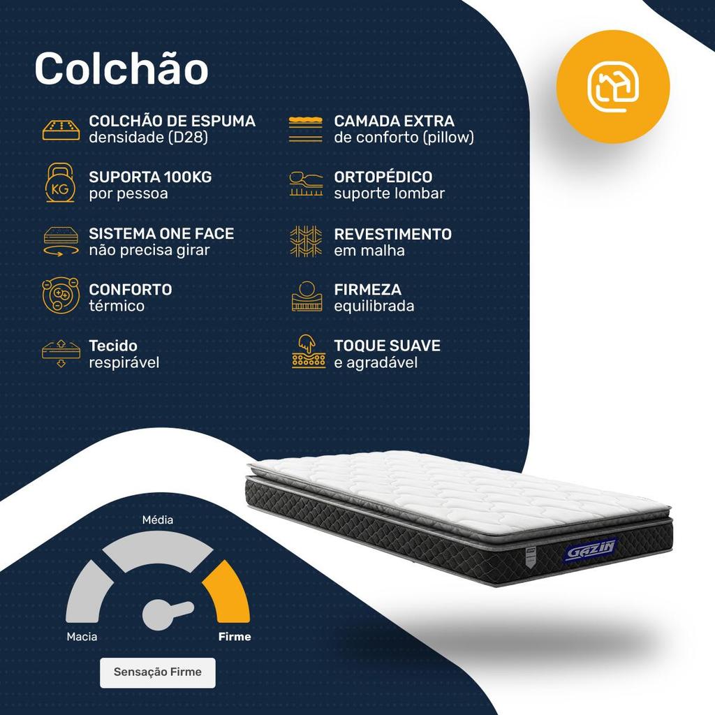 Colchão Gazin de Espuma D28 Pillow Top Ortoblack Solteiro 88cm — imagem 2 de 2