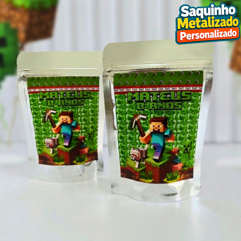 Saquinho Metalizado Minecraft Personalizado / Lembrancinha de Festa /Aniversário