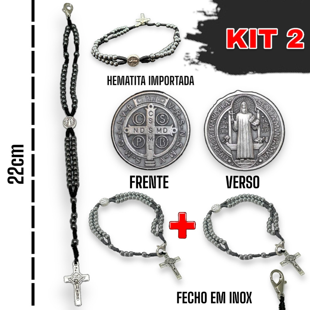 Kit 2 Pulseira Terço de Pulso Em Hematita Com Medalha de São Bento