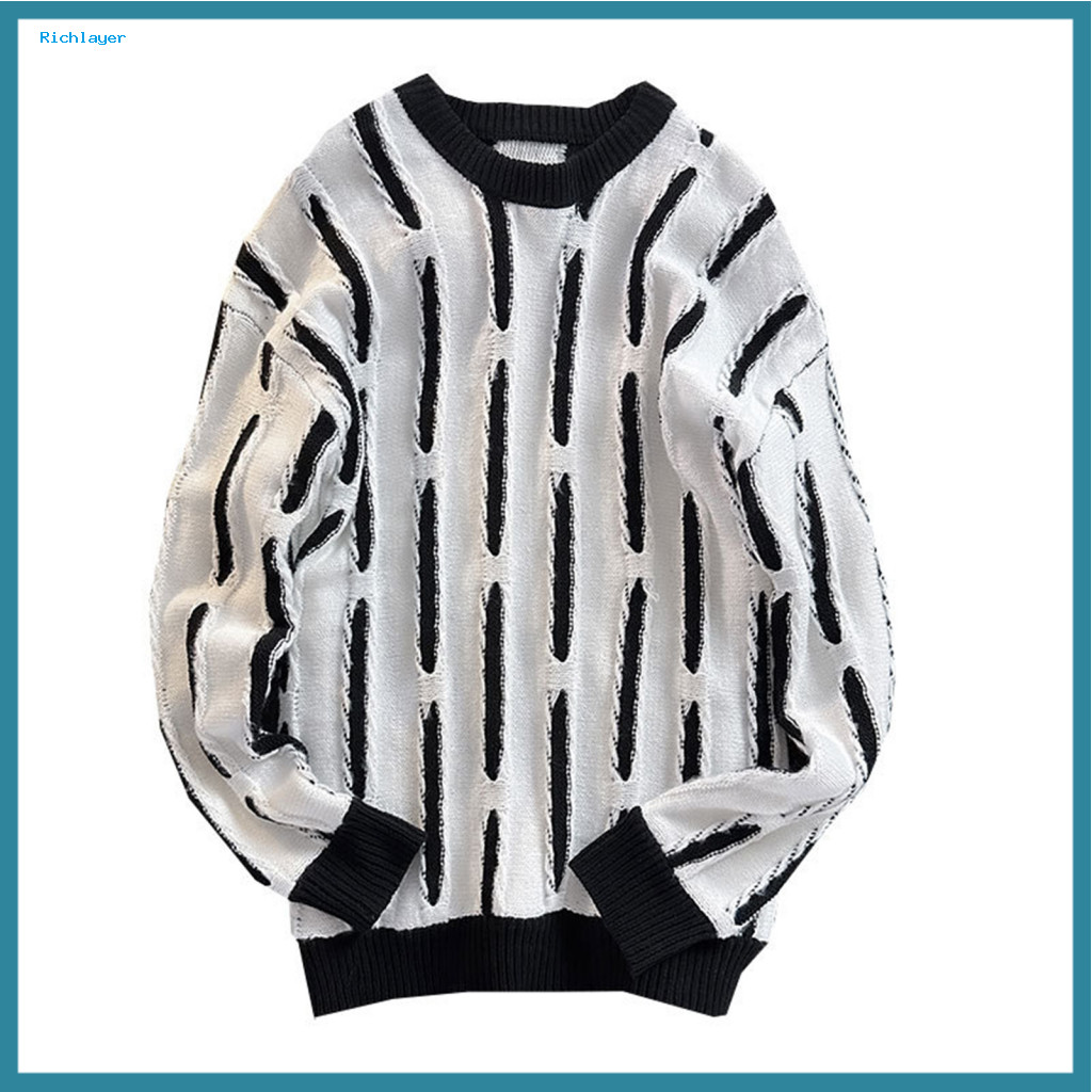 Warm Men Sweater Soft Men's Fall Winter Thermal Contrast Color Round Neck Knitted Pullover Loose Fit Elastic Jumper for