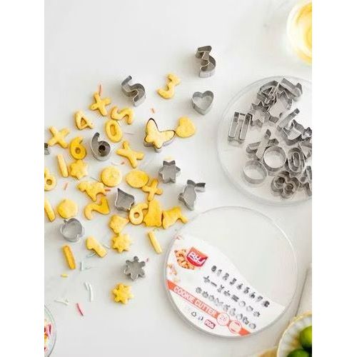 Cortador de Biscoito em Inox Kit 26 Peças Números Letras e Figuras c/ Case Biscoitos Cookies Moldes Infantil Confeitaria