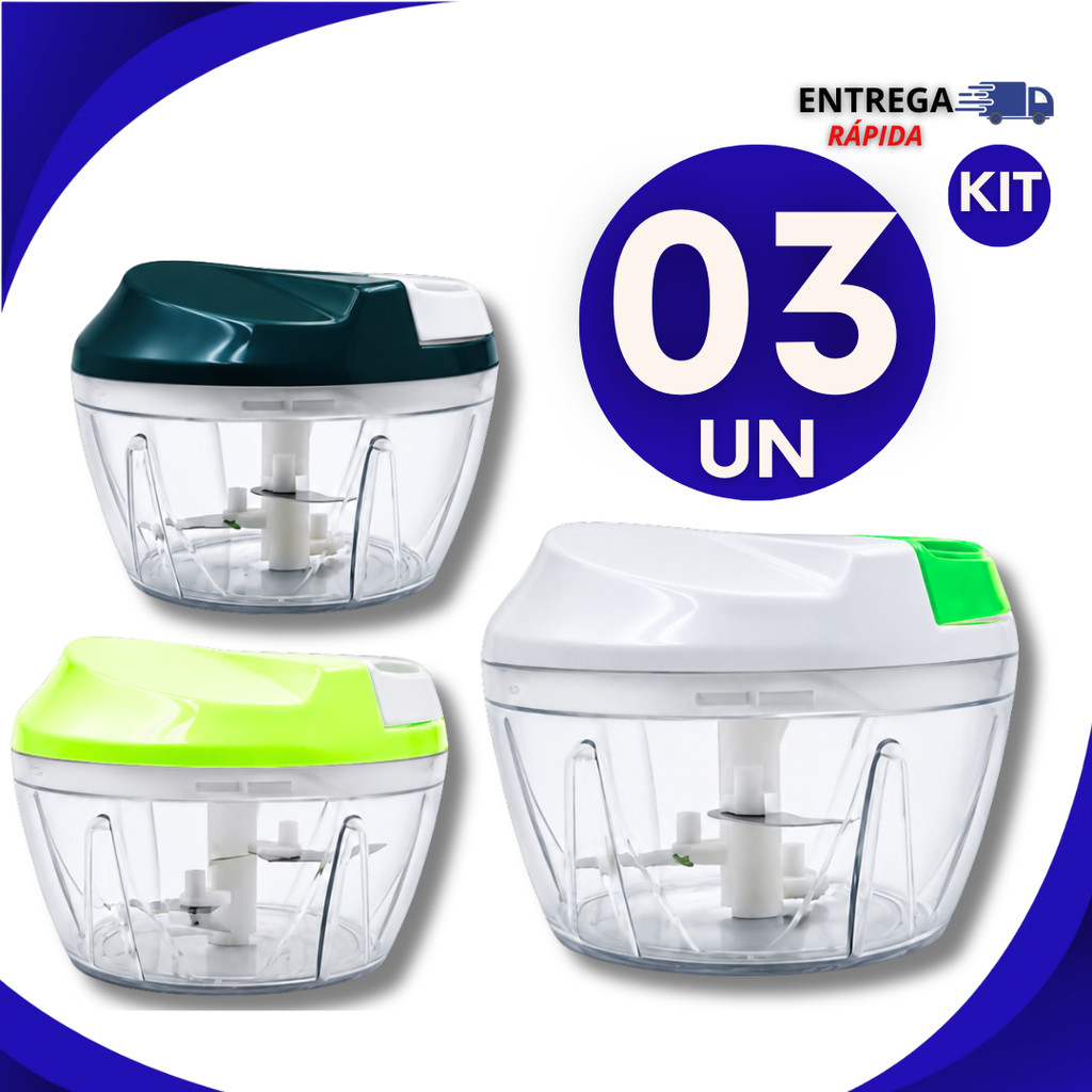 Triturador Processador Manual  De Alimento 500ml Picador Alho Cebola Legumes 3 Lâminas Inox