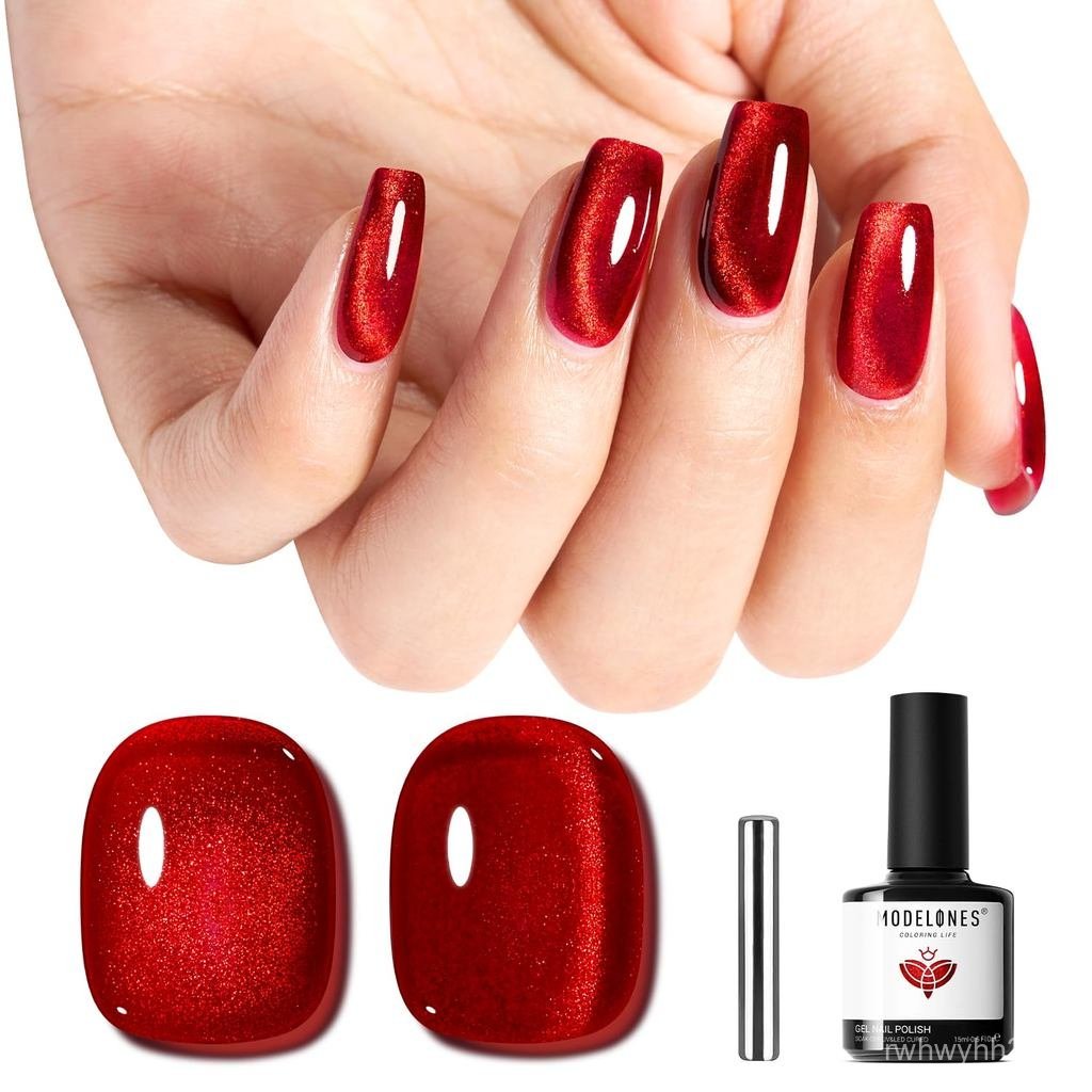 modelones Esmalte em Gel para Olhos Vermelhos com Glitter Magnético Holográfico Vermelho Rubi, Gel Refletivo Translúcido