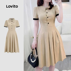 Lovito Vestido Casual com Botões Frente Colorido Pregueado Primavera/verão Cáqui para Mulheres LK5ED146