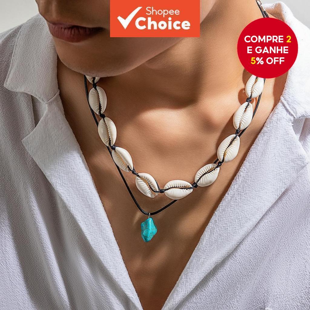 Novo conjunto com 2 colares boêmios de concha turquesa ajustáveis, estilo praia para homens. Perfeito para férias