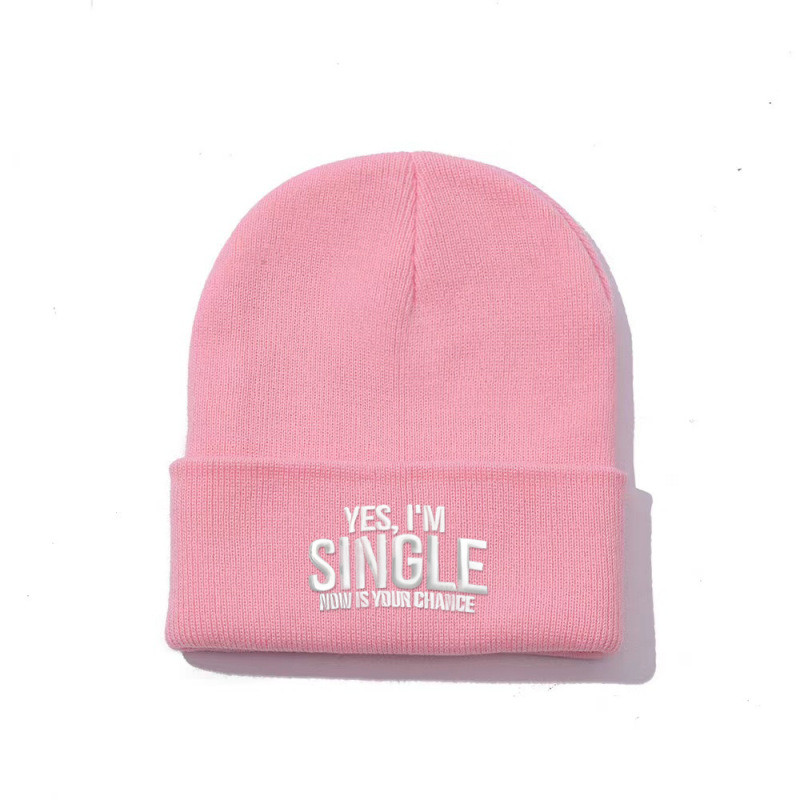 Frete Grátis Boné tricot bordado frase YES I'M SINGLE, aba dobrável térmico unissex outono inverno
