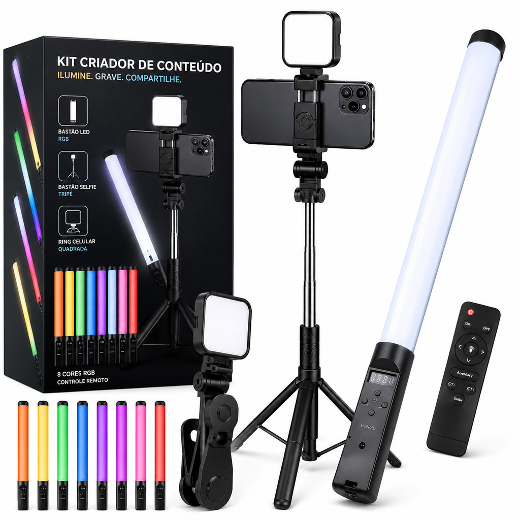 Kit Criador De Conteúdo Para Lives Reels Ring Light Celular Bastão Led Rgb