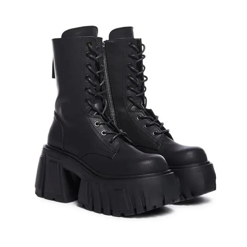 Botas de Plataforma Femininas de 10CM, Novas Botas de Motociclista de Renda, Estilo Punk, Calçados Casuais para Mulher,