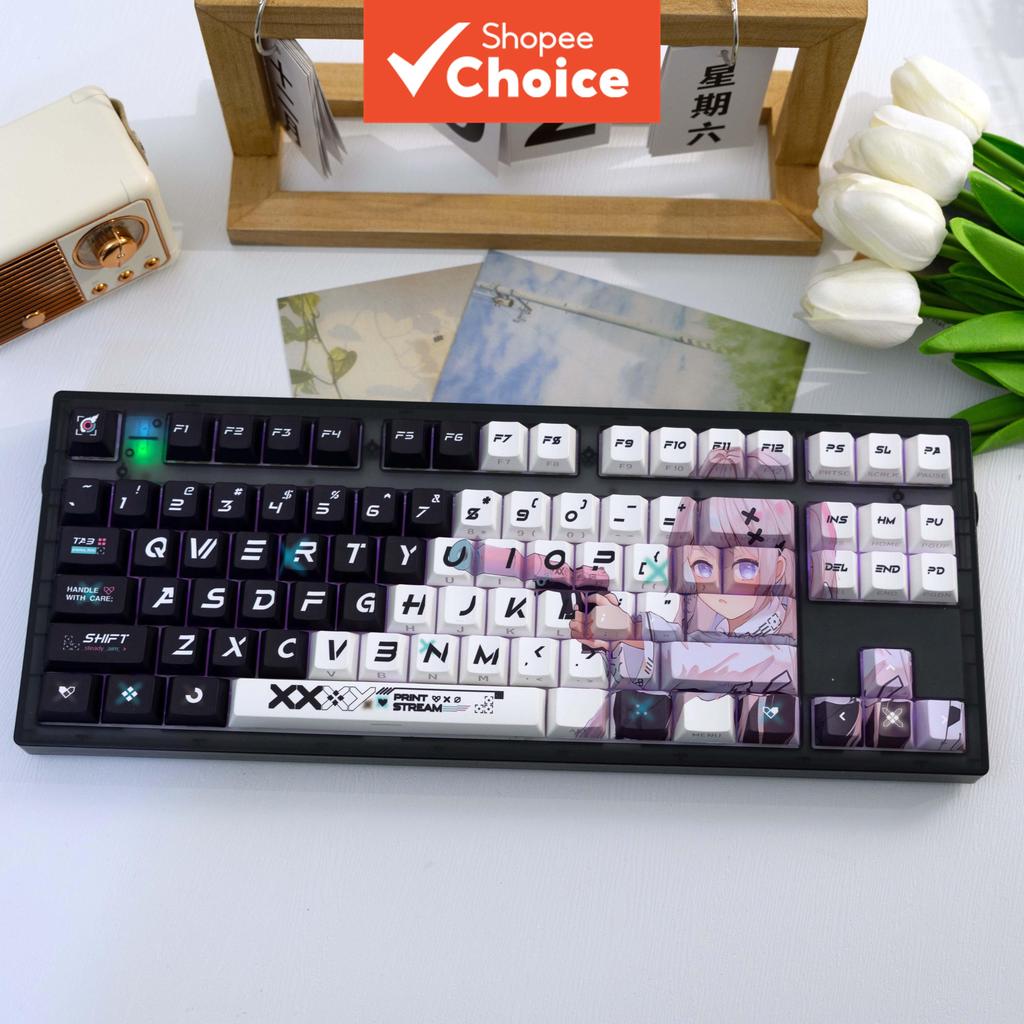 Preto Branco Floral Menina PBT 135 Teclas Keycaps Estilo Cereja Impressão Lateral Translúcido Corante-Sub Para Teclado 6