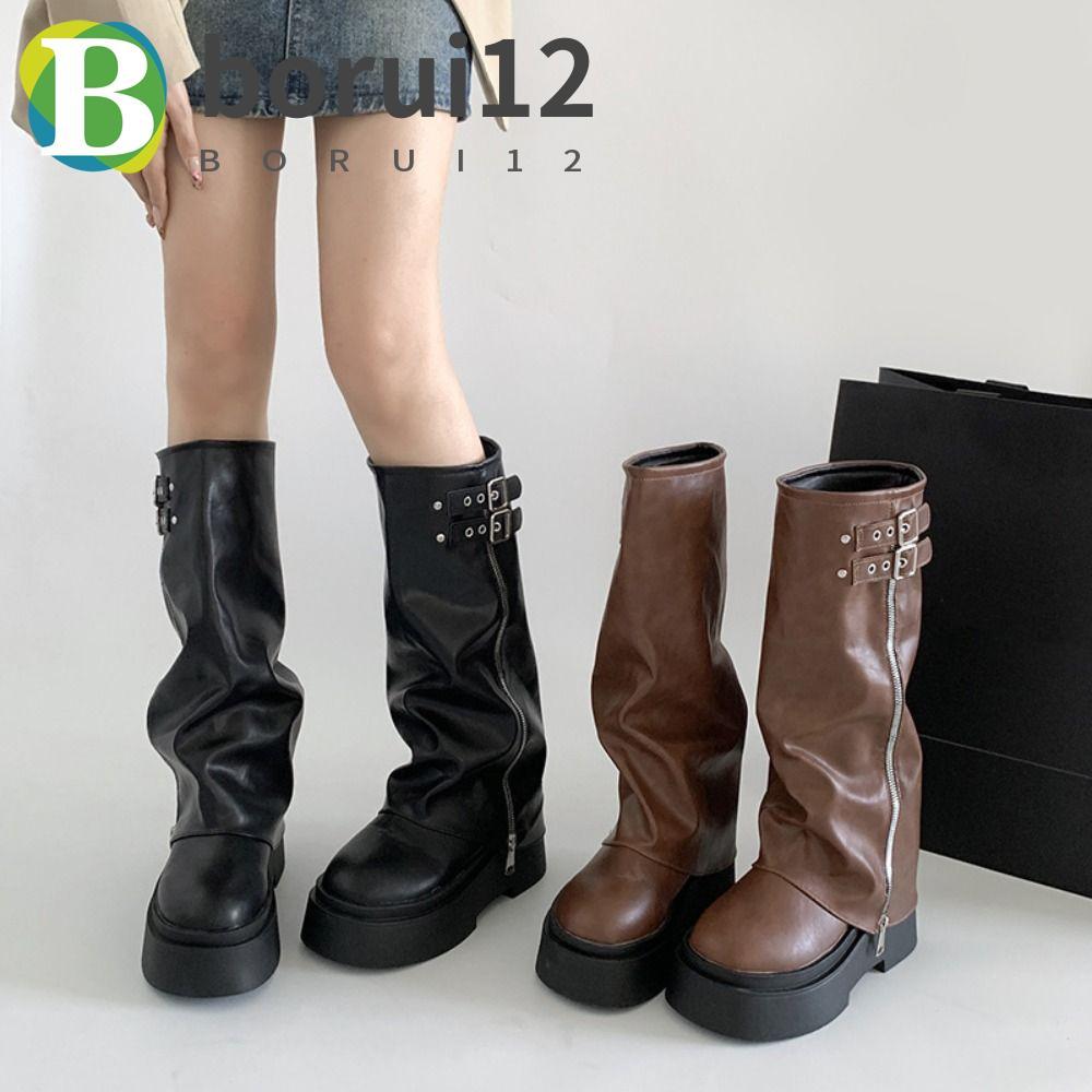 BORUIB Botas Femininas Até O Joelho , De Motociclista Com Plataforma Punk Y2K Cano Longo Fivela De Cinto Gladiador
