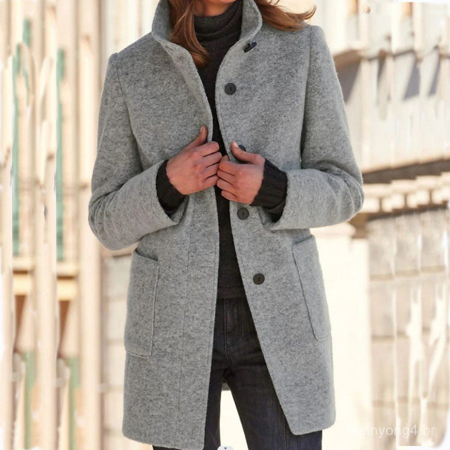 2023 outono inverno novo estilo casaco de lã feminino Cross-Border europeu americano gola alta Retro cor sólida casaco d