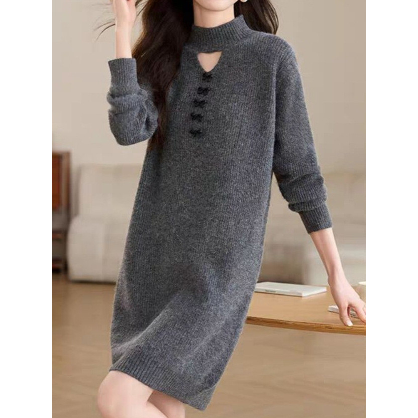 Novo vestido feminino solto de lã de comprimento médio 2025, adequado para mulheres de estatura baixa, a versão mais gro