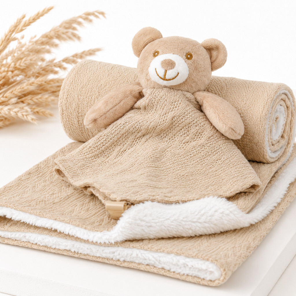Kit Cobertor Bebê Sherpa Naninha Ursinho Premium Bege