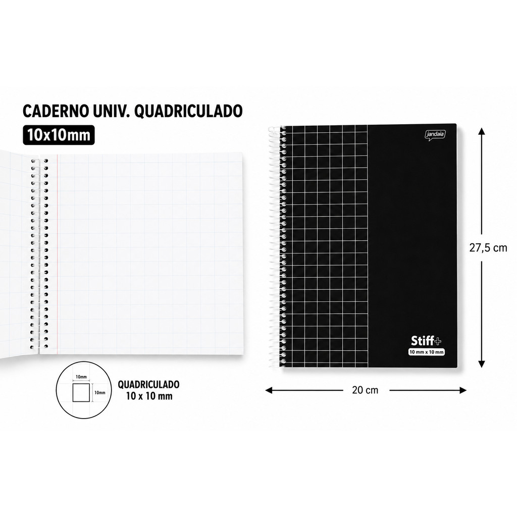 Caderno Quadriculado 10x10mm / 1x1 cm Universitário 96fls  20x27,5cm Espiral Capa Dura Preto