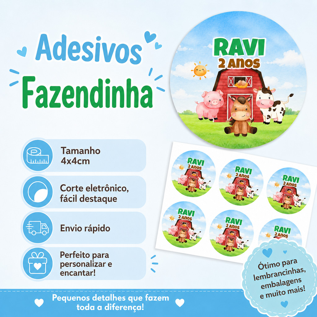 Adesivo Personalizado Fazendinha 4x4 | Lembrancinha | Festa Infantil | Aniversário
