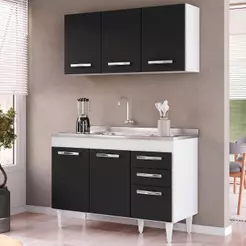 Armário Aéreo Honduras e Balcão Gabinete Suécia com Pia Inox 120cm Branco/Preto - Lumil Móveis