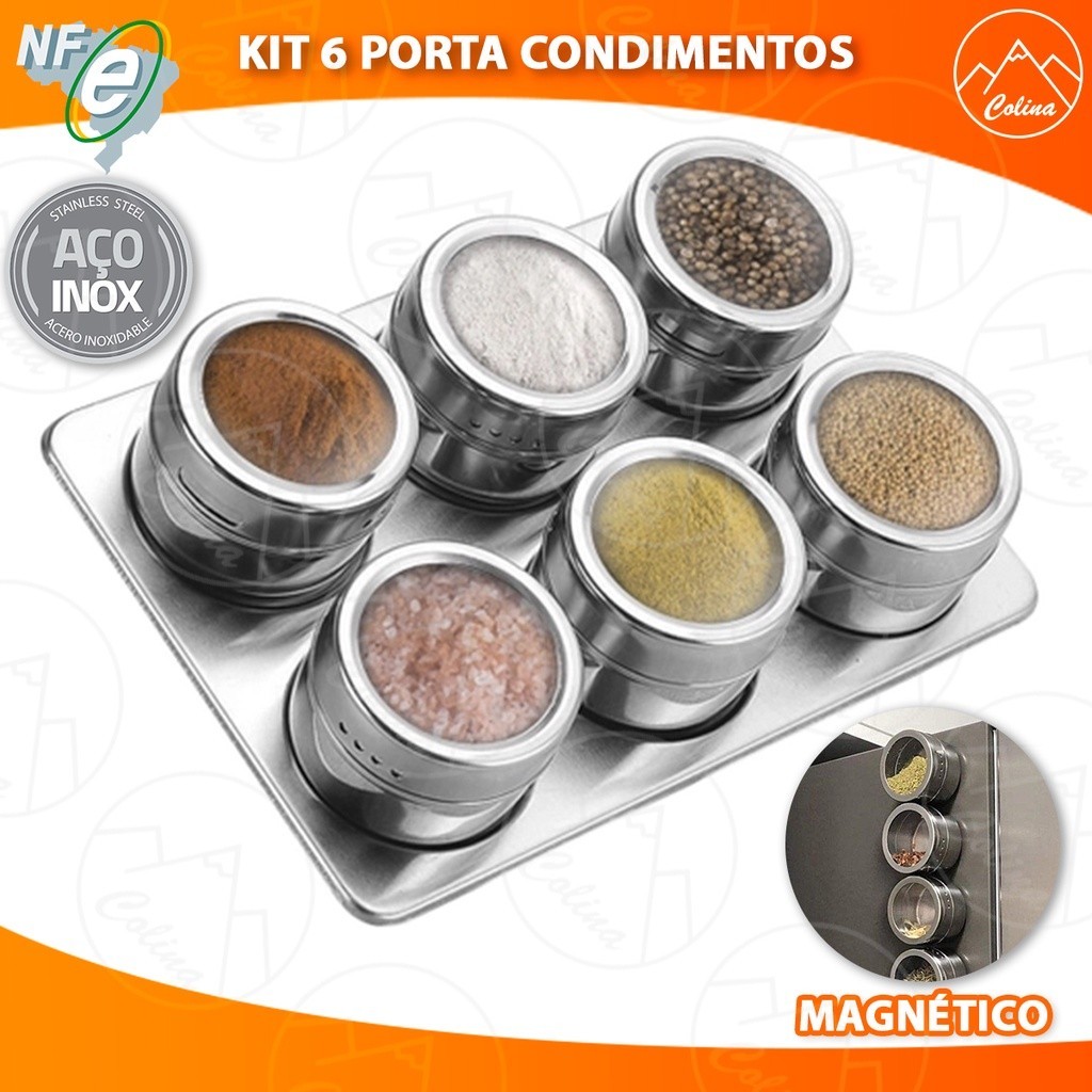 Kit 6 Porta Tempero Porta Condimento Inox Magnético Com Imã Para Geladeira e Suporte