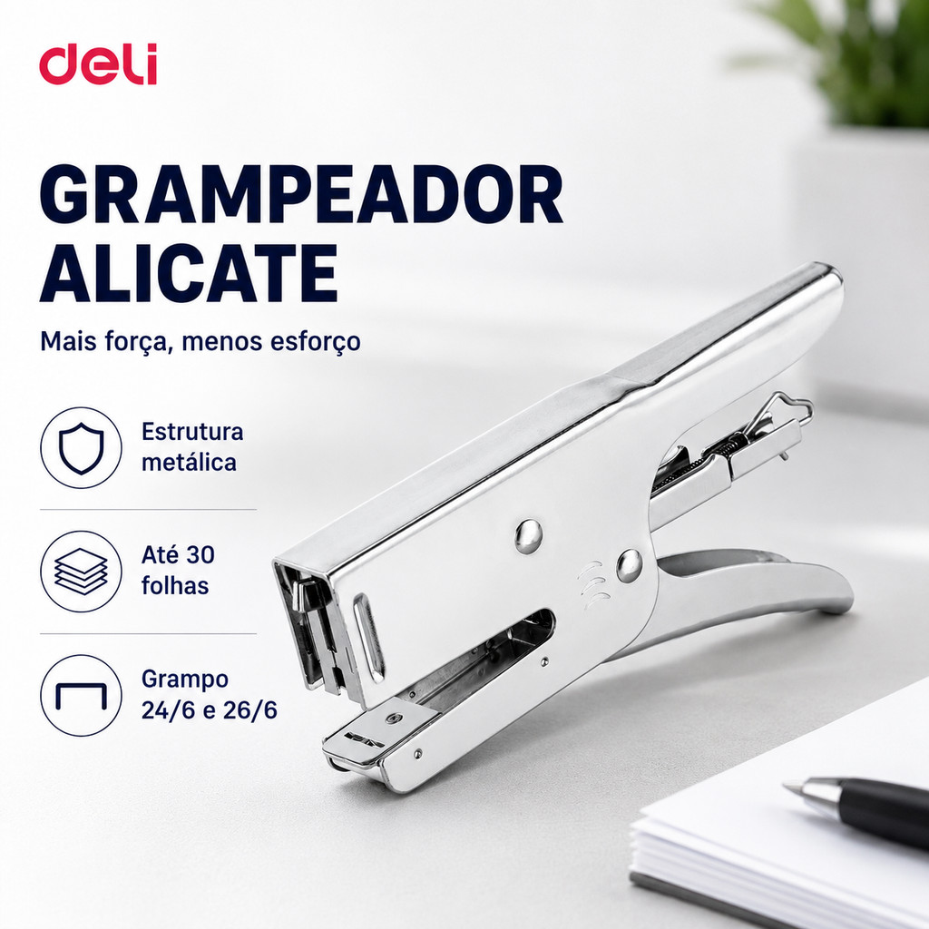 Grampeador Alicate Deli E39803 30 Folhas 24/6 e 26/6 Metal Reforçado Profissional Prata
