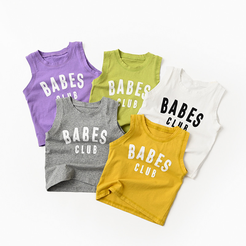 77402 Qingqing crianças algodão linho colete meninos meninas em torno do pescoço carta sem mangas camiseta médio pequeno