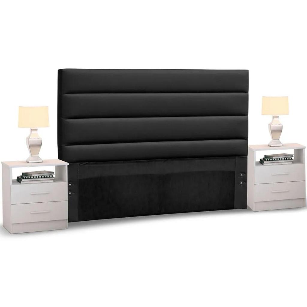 Cabeceira Cama Box Casal Queen 160cm Greta Corano Preto e 2 Mesas de Cabeceira Flex Branco