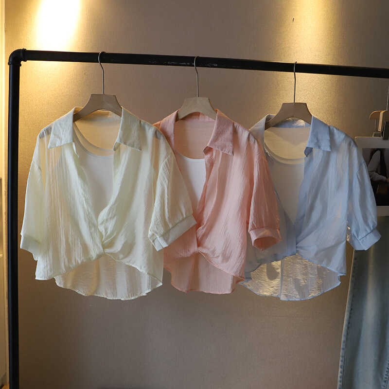 Camisa protetora solar de manga curta, camisa colete, manga comprida, renda plissada, costura, Design doce, verão, Top s