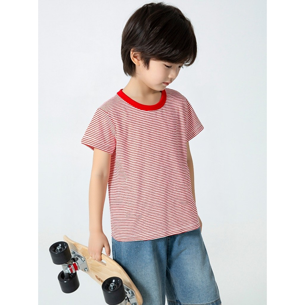 Marca 2025 verão versão coreana roupas infantis novos produtos crianças puro algodão manga curta camiseta listrada roupa