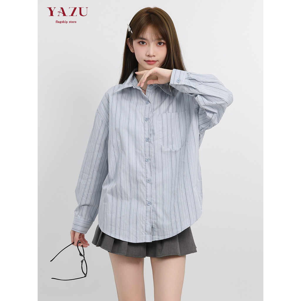 Estilo coreano elegante All-Match puro algodão listrado gola polo camisa de manga comprida feminina outono novo estilo s