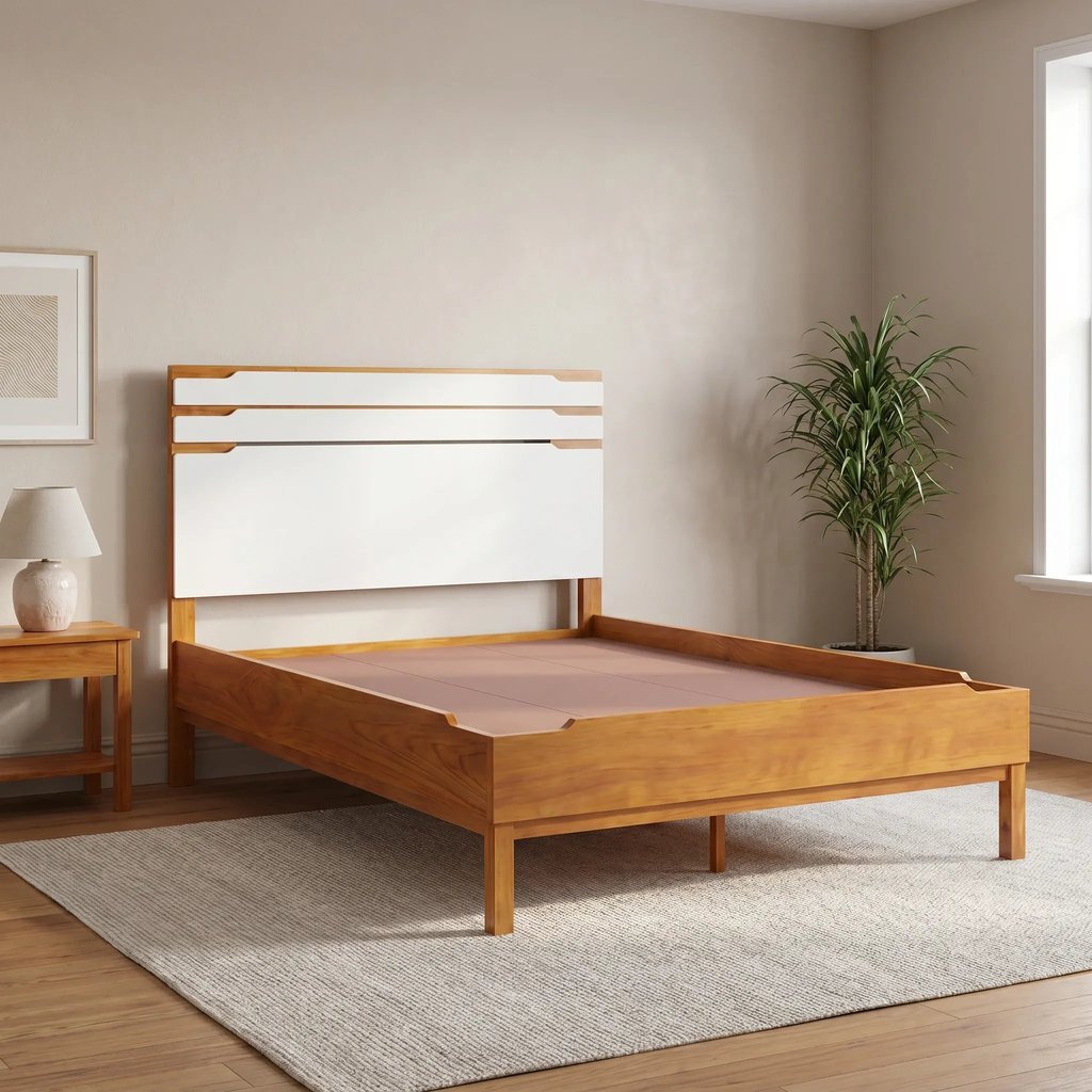 Cama de Casal em Madeira Maciça 195x146cm Marselha Yescasa Mel e Branco Marrom