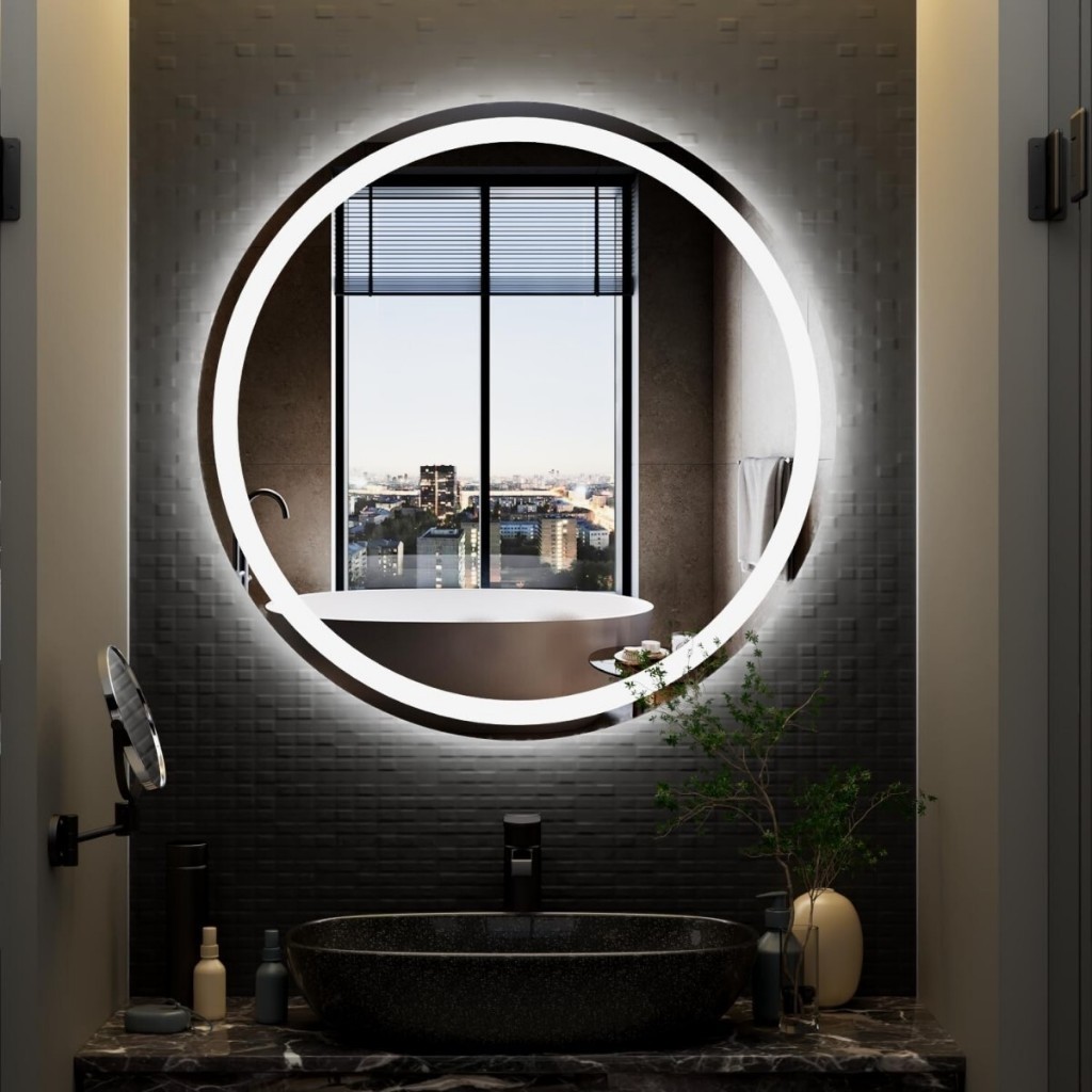Espelho Premium Redondo Jateado com Led Vários Tamanhos Luxo, Decoração Sala, Banheiro, Quarto, Camarins, Penteadeira