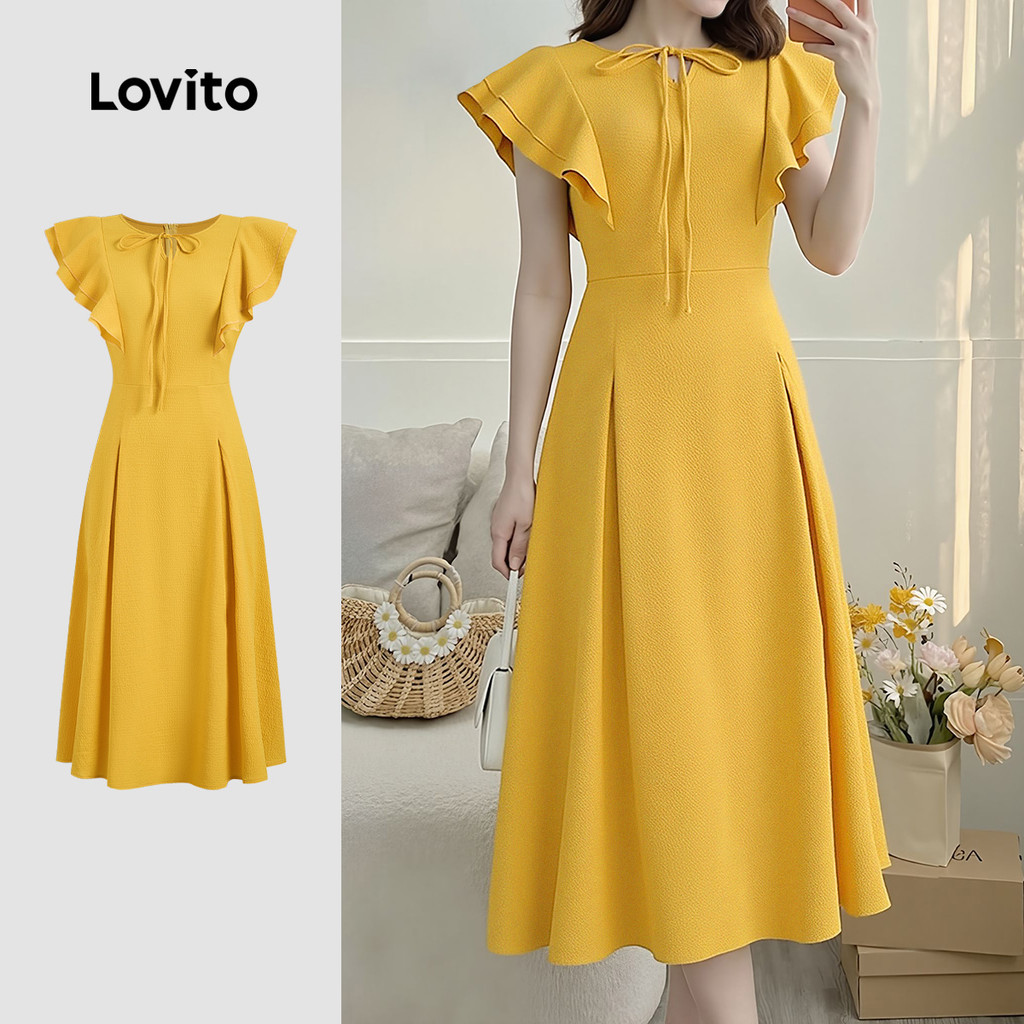 Lovito Vestido Elegante com Babados Amarelo Primavera/verão para mulheres LK6LD3
