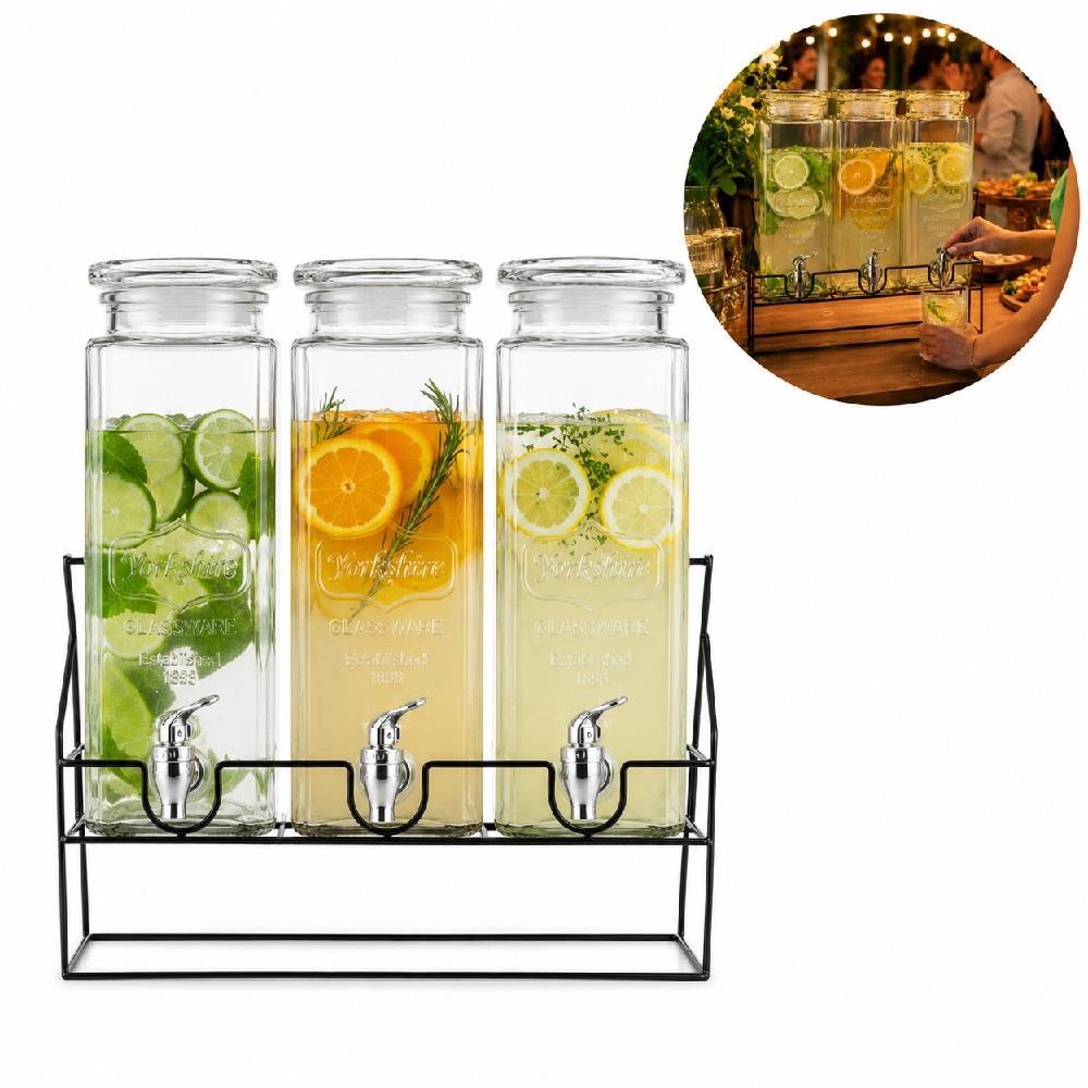 SUQUEIRA CRISTAL TRIPLA COM SUPORTE KIT 3 DISPENSER EM VIDRO BEBIDAS TAMPA HERMETICA SUCO AGUA CRISTAL PRIME