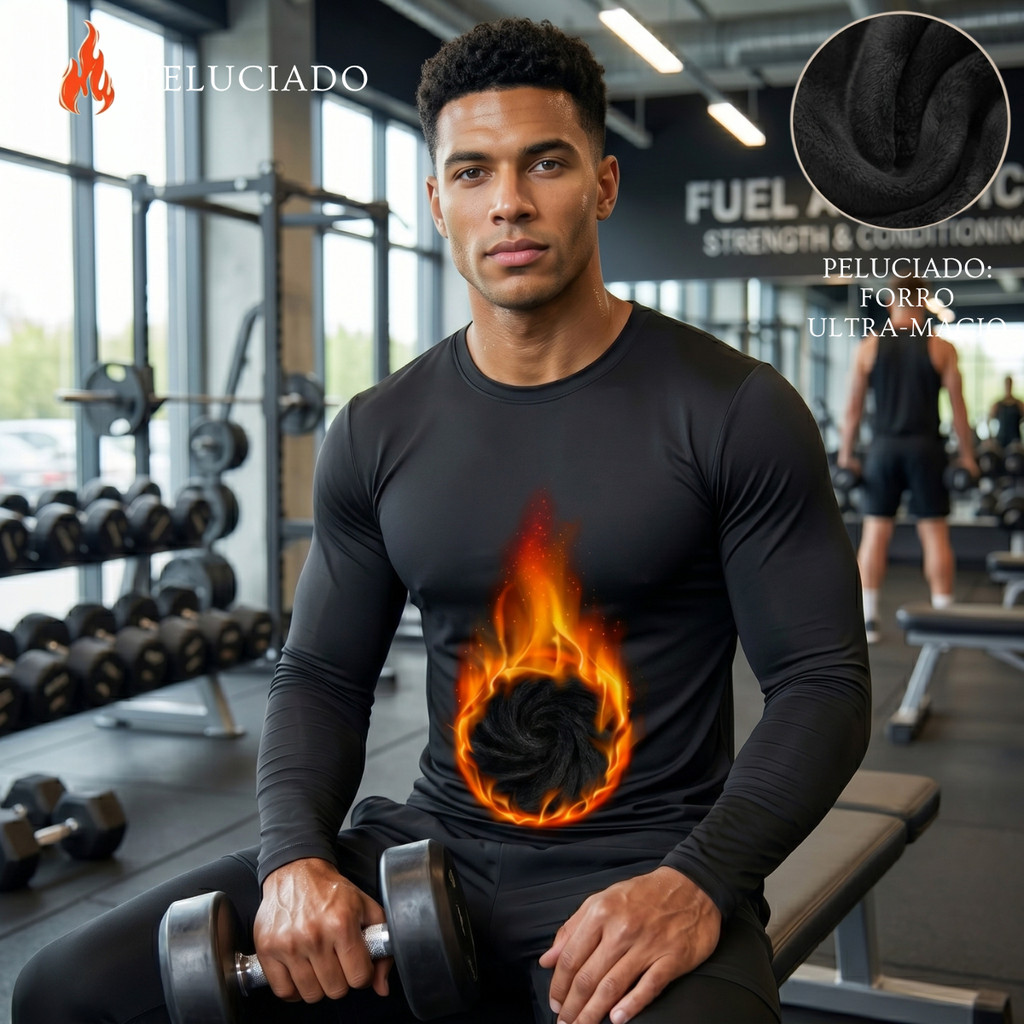Camiseta Térmica Masculina Peluciada Manga Longa Segunda Pele Camiseta Térmica Proteção Intensa Uv+